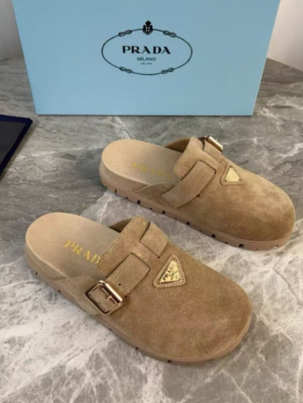 Prada Suede Buckle Clog Mules Beige
